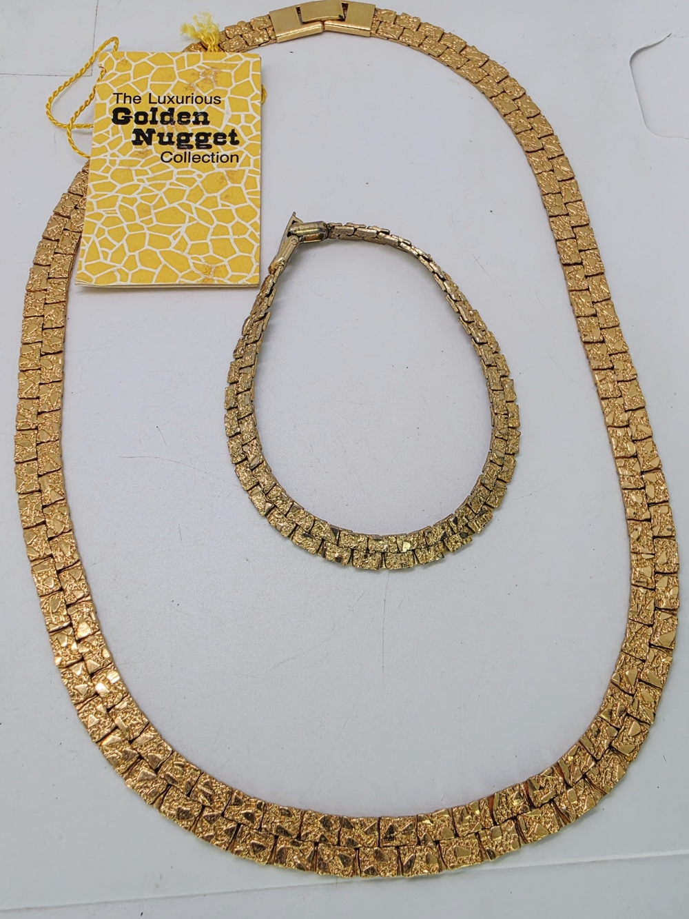 Vintage Gold Plated Nugget Jewelry Set Link Bracelet & Necklace Mob Glam Nwt